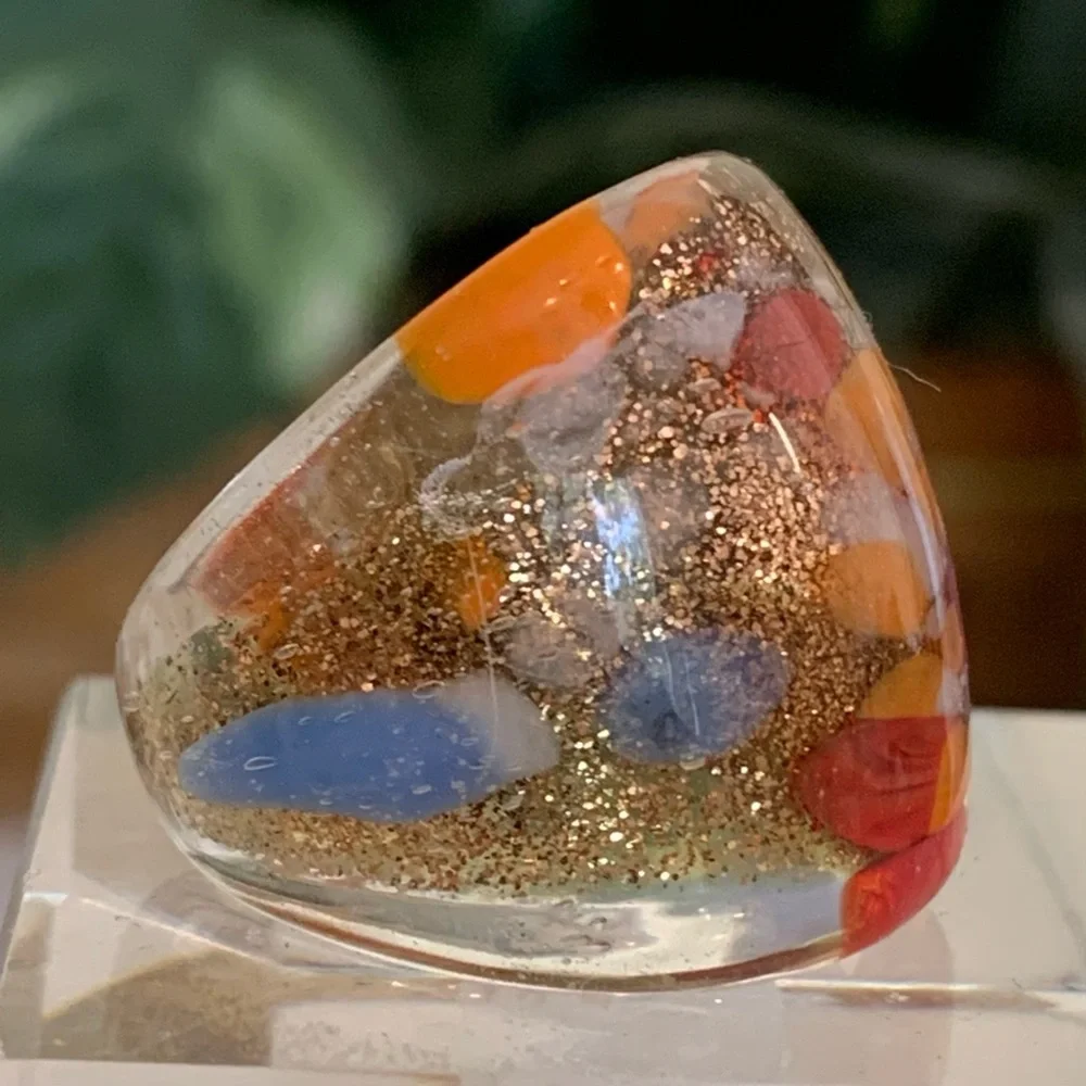 Vintage Murano Style Art Glass Hand Blown Lampwork Confetti Dome Ring Size 7